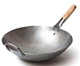 Craft Wok Traditioneller handgehämmerter Pow-Wok aus Kohlenstoffstahl mit Holz- und Stahl-Helfergriff (14 Zoll, runder Boden) / 731W88